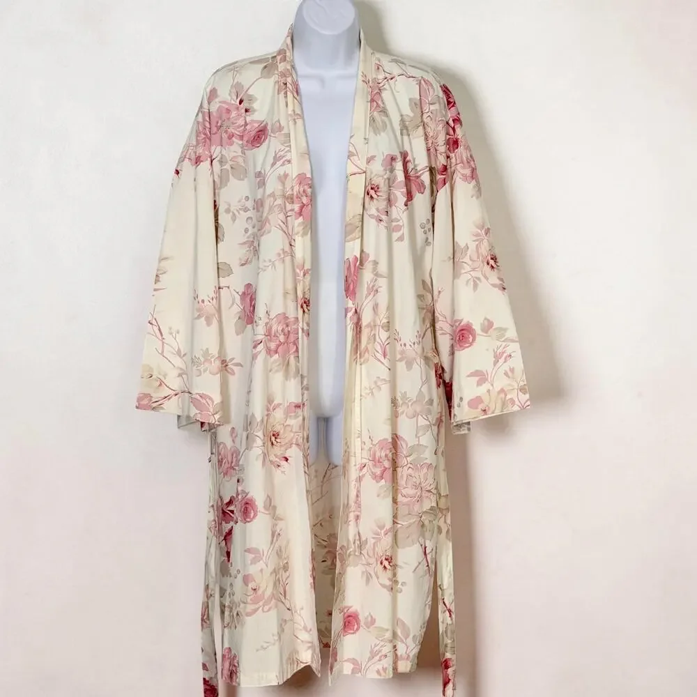Vintage 90s Floral Cotton Kimono Robe Cottagecore Wrap Duster Mas d’Ouvan Paris - Picture 3 of 11